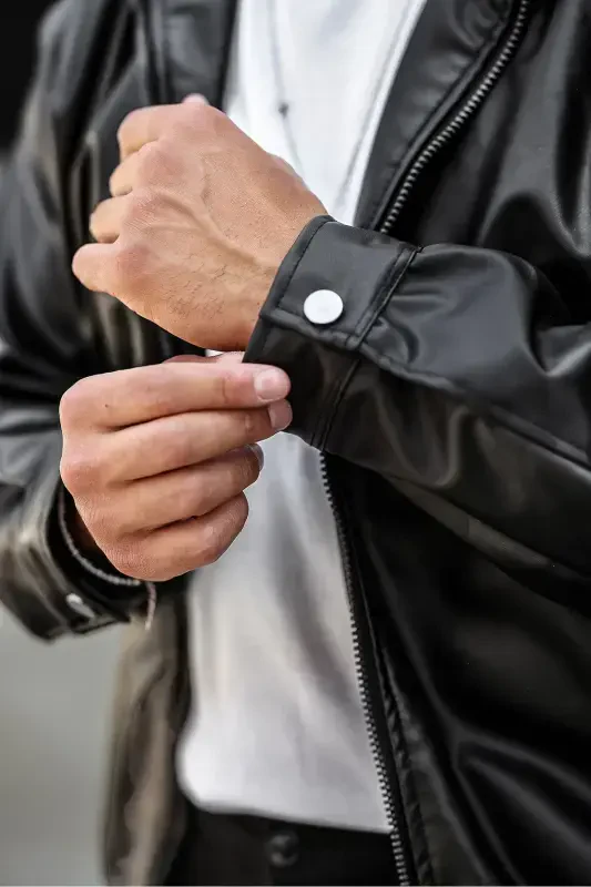 Oversized Relaxed Fit Black Leather Jacket - 7