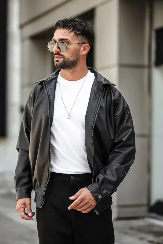 Oversized Relaxed Fit Black Leather Jacket - 8