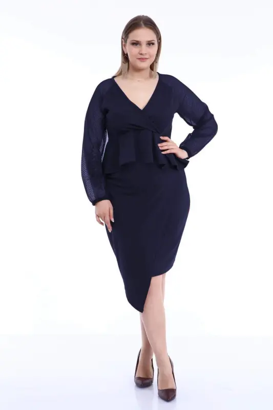 Oversized Ruffle Skirt Wrap Blouse Scuba Set in Navy Blue 8017 - BÜYÜKBEDENIZ