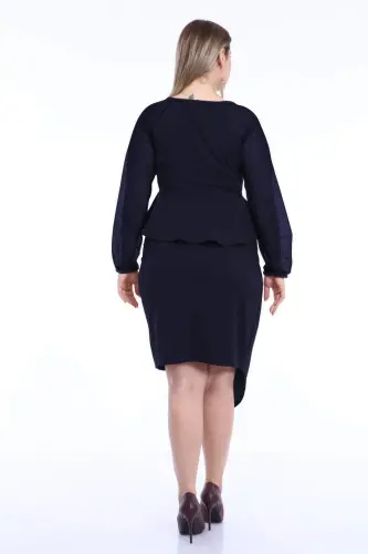 Oversized Ruffle Skirt Wrap Blouse Scuba Set in Navy Blue 8017 - BÜYÜKBEDENIZ (1)