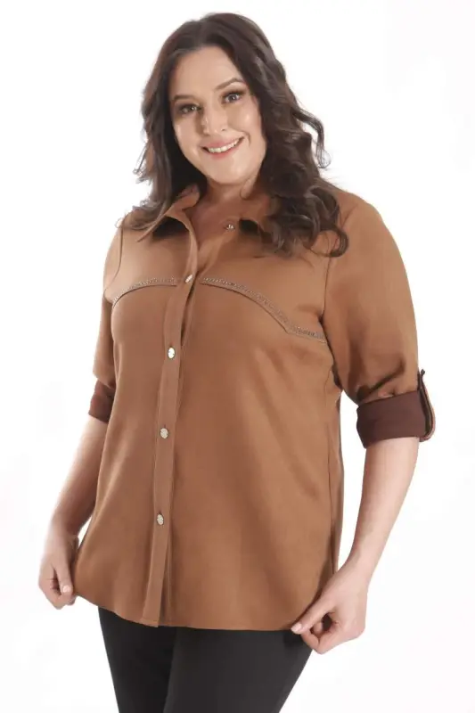Oversized Stone Printed Suede Camel Shirt - 1