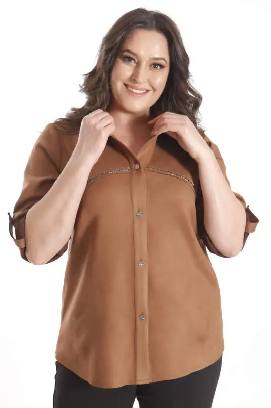 Oversized Stone Printed Suede Camel Shirt - 5