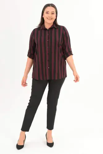 Oversized Striped Basic Burgundy Shirt - 3