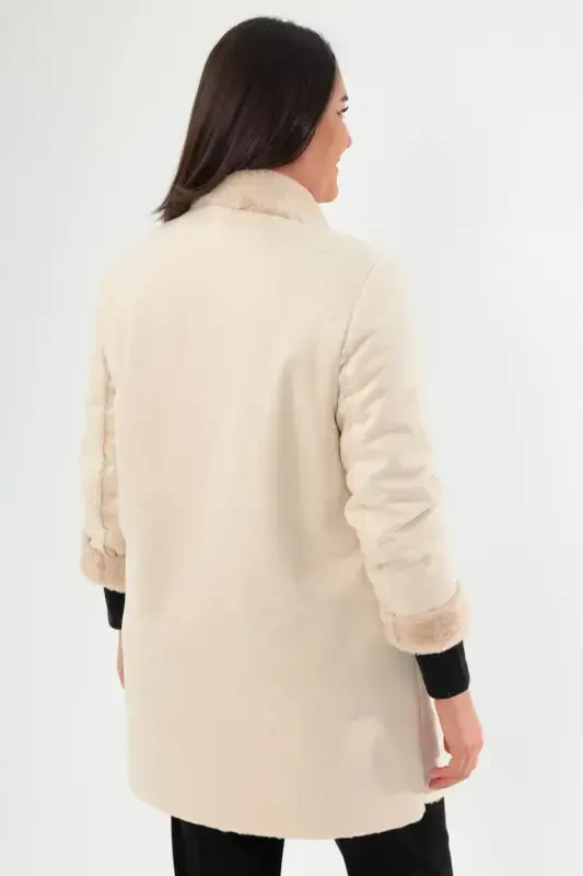 Oversized Suede Inner Fur Beige Coat - 6