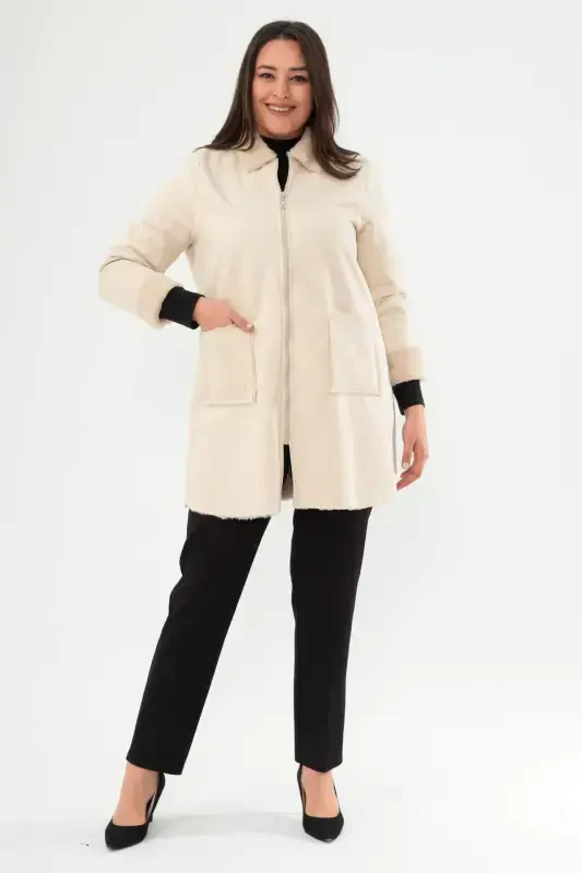 Oversized Suede Inner Fur Beige Coat - BÜYÜKBEDENIZ