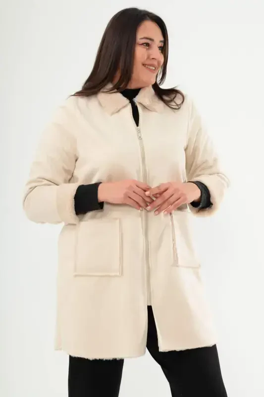 Oversized Suede Inner Fur Beige Coat - 2