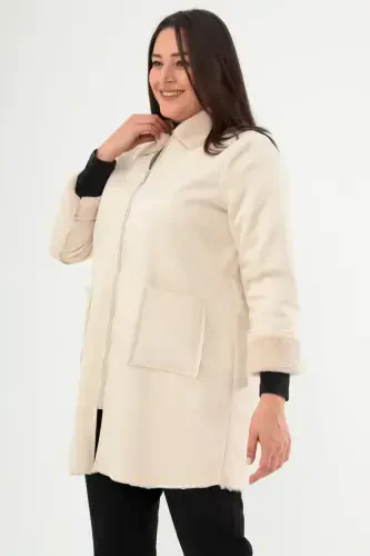 Oversized Suede Inner Fur Beige Coat - 3