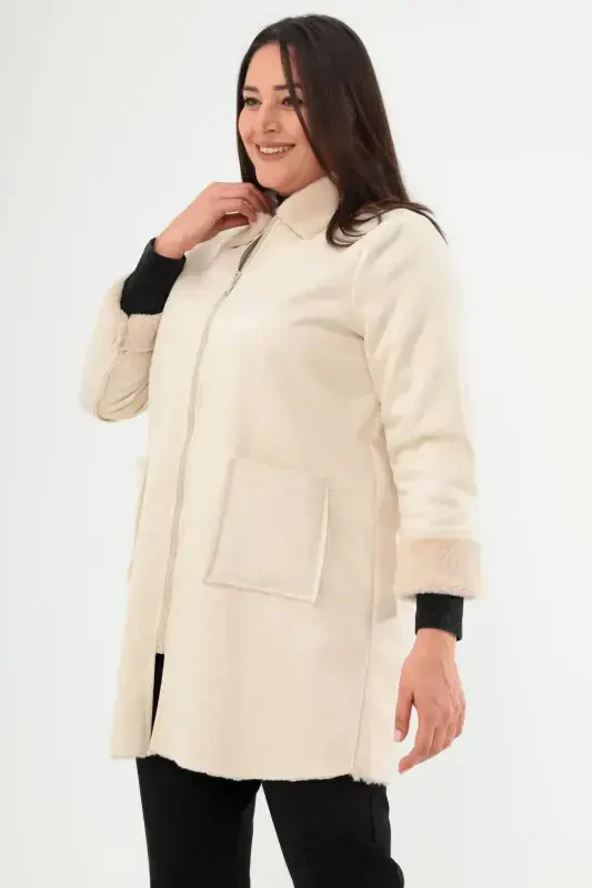 Oversized Suede Inner Fur Beige Coat - 3
