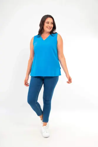 Oversized V-Neck Slit Detail Sleeveless Indigo Blouse - 6