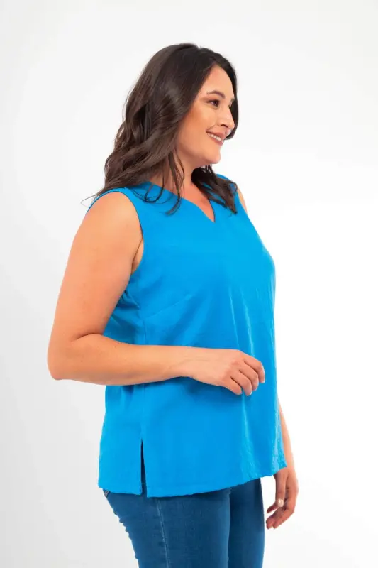 Oversized V-Neck Slit Detail Sleeveless Indigo Blouse - 9