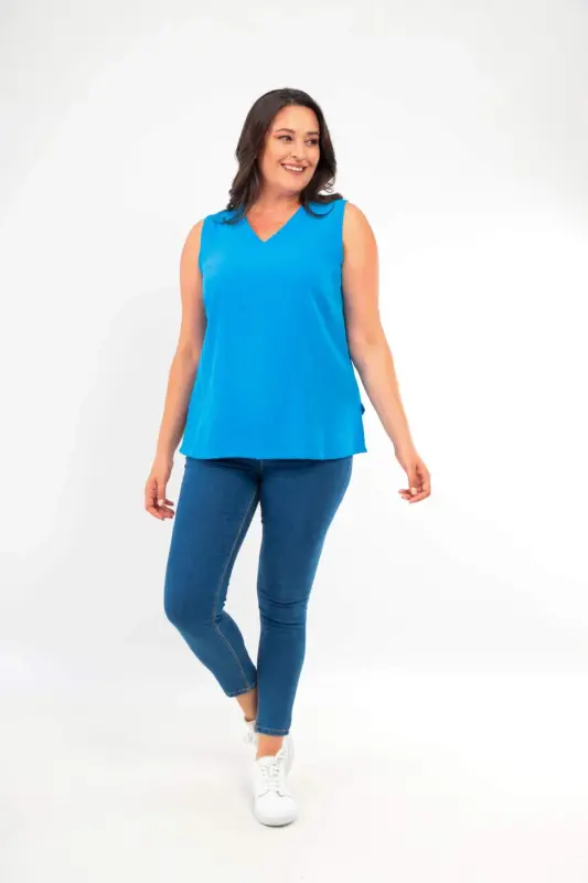 Oversized V-Neck Slit Detail Sleeveless Indigo Blouse - 2