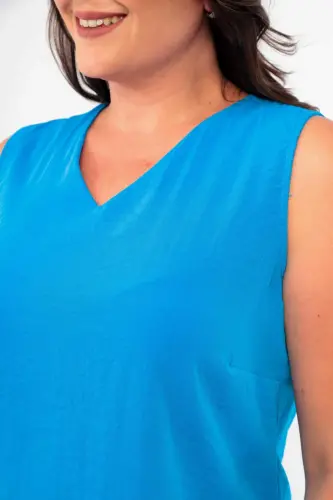 Oversized V-Neck Slit Detail Sleeveless Indigo Blouse - 4