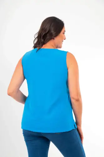 Oversized V-Neck Slit Detail Sleeveless Indigo Blouse - 5