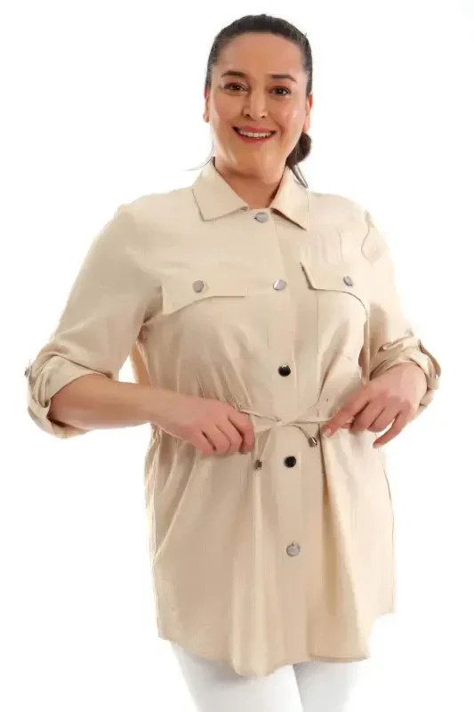 Oversized Waist-tied Stone Jacket with Pockets - 1