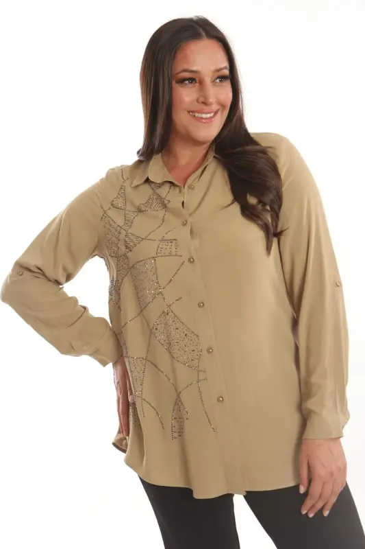 Oversized Woven Beige Shirt with Stone Print Detail - 4
