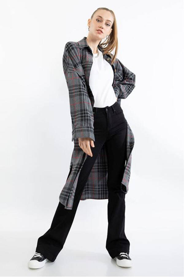 Oversized/Relaxed Plaid Flannel Women's Shirt-Anthracite - 3