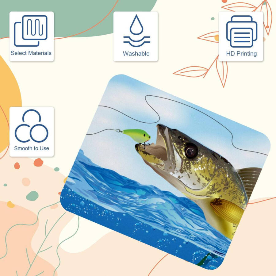 OWNHE Walleye Fish Take the Bait Pattern Mouse Pad Desk Mat, Square Non-Slip Rubber Bottom Printed, Suitable for Office and Gaming - 10