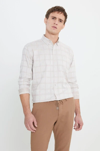 Oxford Regular Fit Qulay Kesimli Yopiq Tugmali Yoqali Kvadrat Bej Ochiq Jigarrang Ko'ylak - 5