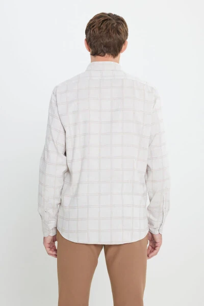 Oxford Regular Fit Qulay Kesimli Yopiq Tugmali Yoqali Kvadrat Bej Ochiq Jigarrang Ko'ylak - 6