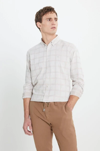 Oxford Regular Fit Rahat Kesim Gizli Düğmeli Yaka Kareli BEJ ACIK KAHVE Gömlek - ALTINYILDIZ CLASSICS