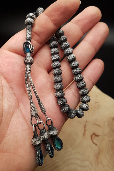 Oxidized Silver 42 Gr 1000 Carat Kazaziye Tasbih with Blue Zircon Stones - 1