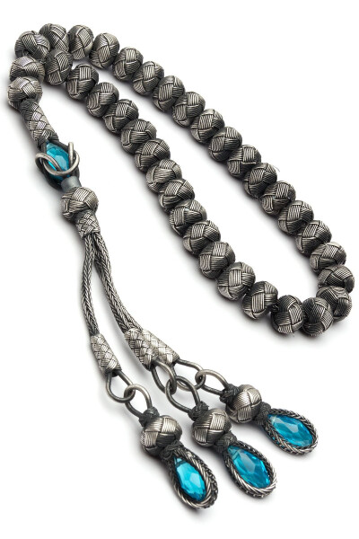 Oxidized Silver 42 Gr 1000 Carat Kazaziye Tasbih with Blue Zircon Stones - 2