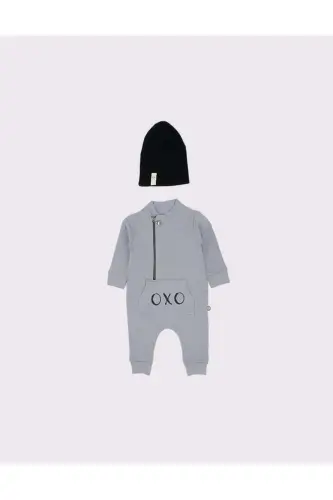 'OXO' Baskılı Tasarımlı Bebek Tulumu ve Bere - GRİ - 9