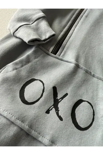 'OXO' Baskılı Tasarımlı Bebek Tulumu ve Bere - GRİ - 6