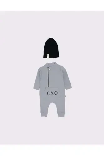 'OXO' Printed Design Baby Jumpsuit and Hat-GRAY - 1