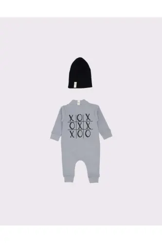 'OXO' Printed Design Baby Jumpsuit and Hat-GRAY - 4