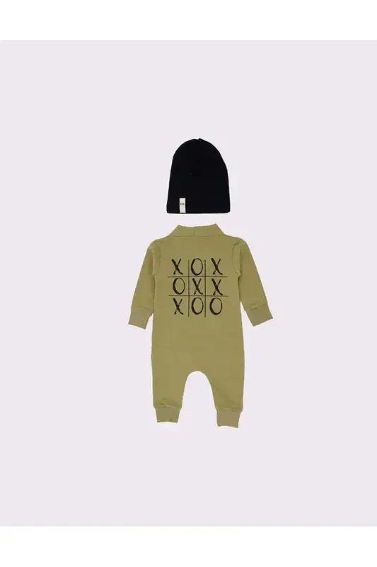 'oxo' Printed Design Baby Jumpsuit And Hat-KHAKI - 2