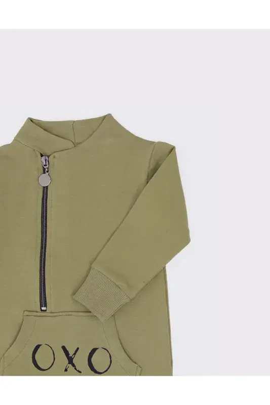 'oxo' Printed Design Baby Jumpsuit And Hat-KHAKI - 3