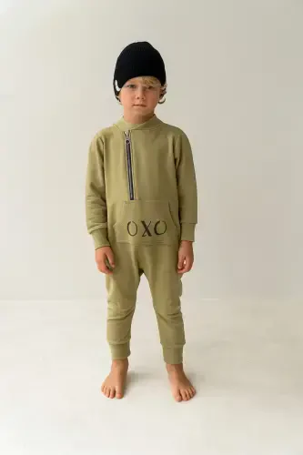 'oxo' Printed Design Baby Jumpsuit And Hat-KHAKI - 4