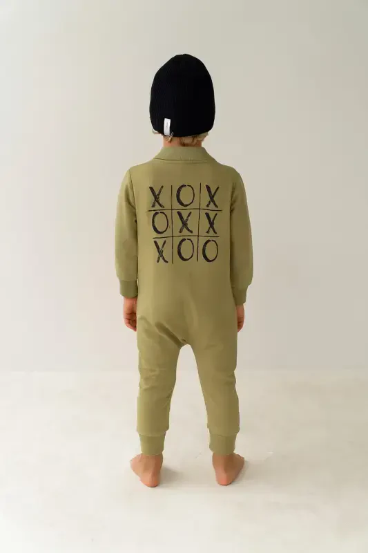 'oxo' Printed Design Baby Jumpsuit And Hat-KHAKI - 5