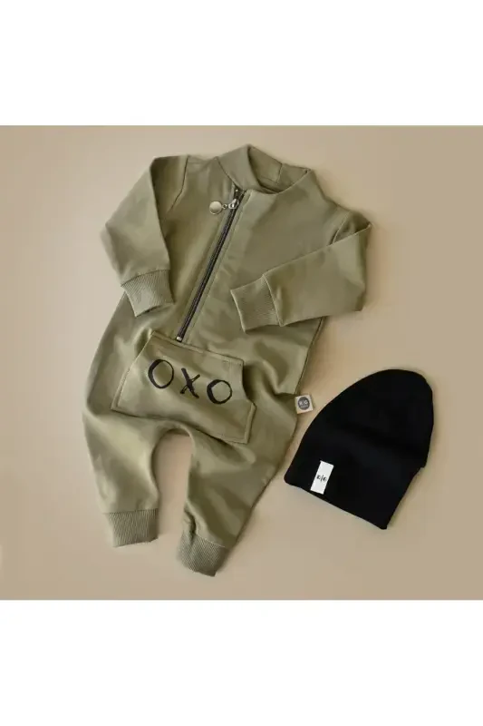 'oxo' Printed Design Baby Jumpsuit And Hat-KHAKI - 7