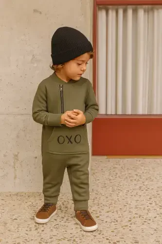'oxo' Printed Design Baby Jumpsuit And Hat-KHAKI - 8