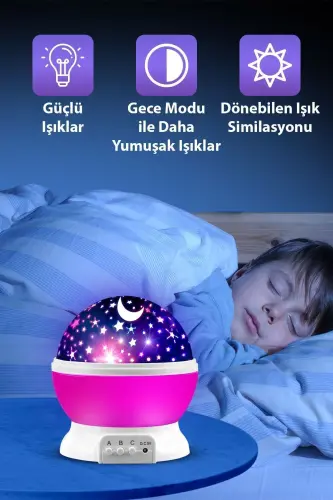 Oy va Yulduzli Osmon Aks ettiruvchi Aylanuvchi Proeksiya Tungi Chiroqi - Bolalar Xonasi Uchun Pushti - 3