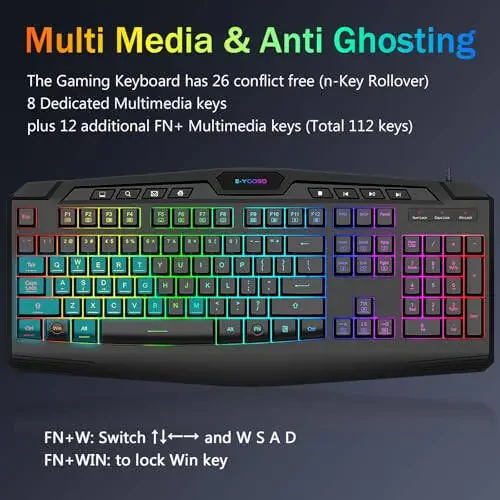 O'yin Klaviatura va Sichqoncha To'plami, CQ109 RGB LED Orqa Yoritishli Anti-ghosting Simli Membran Klaviatura 104 Tugma + Qo'shimcha 8 Qisqa Tugma, 1000-3200 DPI RGB Sichqoncha PC/Xbox/PS4 uchun (Qora) - 3