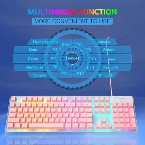 O'yin klaviaturasi va sichqoncha to'plami, K1 RGB LED yoritgichli klaviatura, 104 tugmachali kompyuter PC o'yin klaviaturasi PC/noutbuk uchun (pushti) - 4