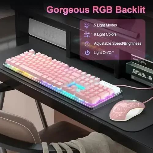 O'yin klaviaturasi va sichqoncha to'plami, K1 RGB LED yoritgichli klaviatura, 104 tugmachali kompyuter PC o'yin klaviaturasi PC/noutbuk uchun (pushti) - 3