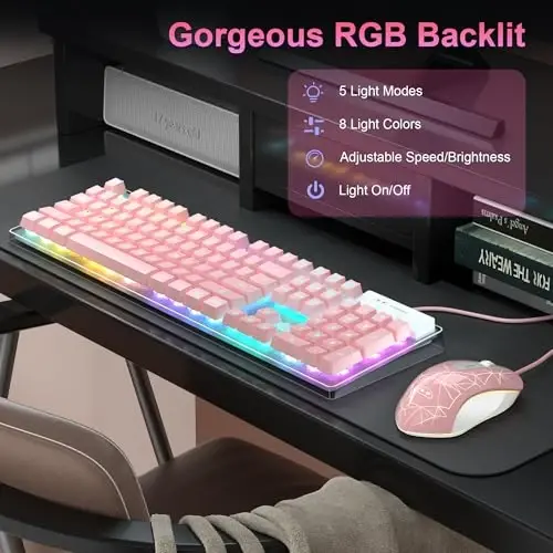 O'yin klaviaturasi va sichqoncha to'plami, K1 RGB LED yoritgichli klaviatura, 104 tugmachali kompyuter PC o'yin klaviaturasi PC/noutbuk uchun (pushti) - 3