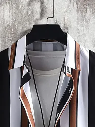 OYOANGLE erkaklar uchun 2 qismli tropik naqshli полосатый qisqa yengli tugmali Gavayi ko'ylak va shortilar to'plamlari - 3