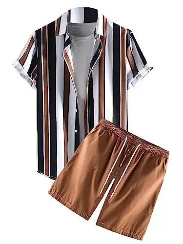 OYOANGLE Men's 2 Piece Outfits Tropical Print Striped Short Sleeve Button Down Hawaiian Shirt and Shorts Sets 