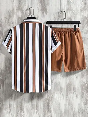 OYOANGLE Men's 2 Piece Outfits Tropical Print Striped Short Sleeve Button Down Hawaiian Shirt and Shorts Sets - 2