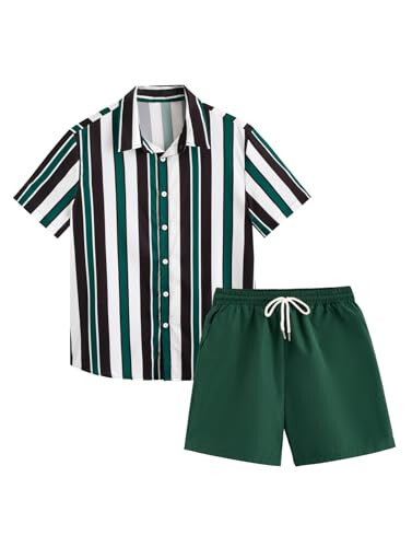 OYOANGLE Men's 2 Piece Outfits Tropical Print Striped Short Sleeve Button Down Hawaiian Shirt and Shorts Sets - 1