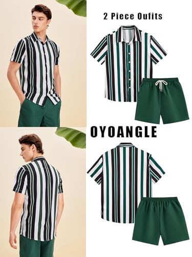 OYOANGLE Men's 2 Piece Outfits Tropical Print Striped Short Sleeve Button Down Hawaiian Shirt and Shorts Sets - 3