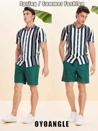 OYOANGLE Men's 2 Piece Outfits Tropical Print Striped Short Sleeve Button Down Hawaiian Shirt and Shorts Sets - 4