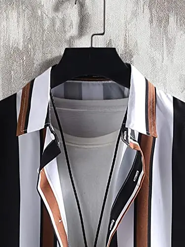 OYOANGLE Men's 2 Piece Outfits Tropical Print Striped Short Sleeve Button Down Hawaiian Shirt and Shorts Sets - 3