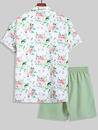 OYOANGLE Men's 2 Pieces Tropical Print Short Sleeve Button Down Shirt Top and Drawstring Waist Shorts Set - 2