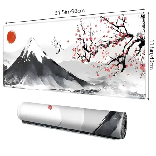 Galdas Mouse Pad for Gaming, Japanese Desk Mat,XXL XL Large Mouse Mat Long Extended Mousepad Non-Slip Rubber Mice Pads Stitched Edges Thin (31.5 x 11.8 x 0.12 Inches) Ink and Wash - 1